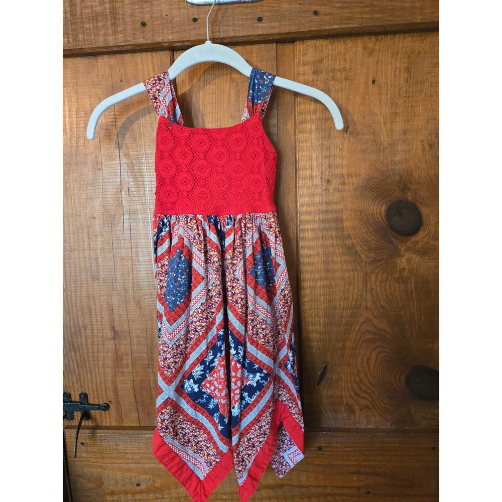 BLUEBERI Boulevard Girls Red Crochet Patchwork Handkerchief Hem Dress Size 5